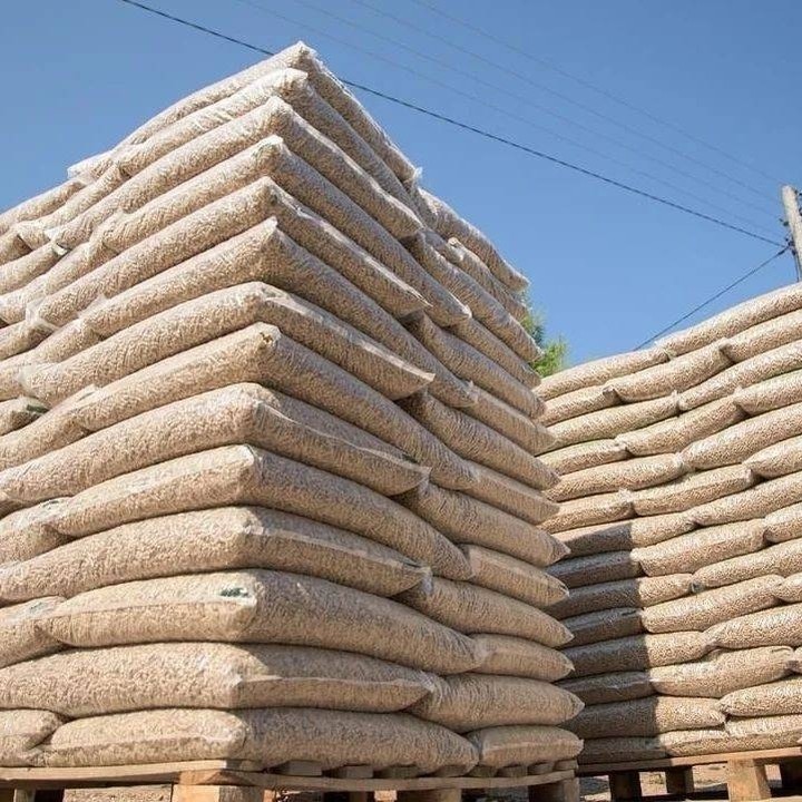 Beech wood pellet bags stacked at a production facility