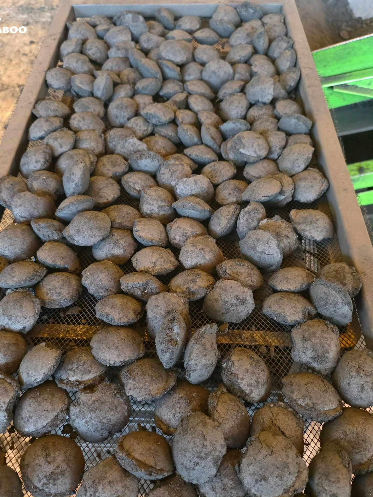 Close-up of pillow-shaped charcoal briquettes on a drying rack
