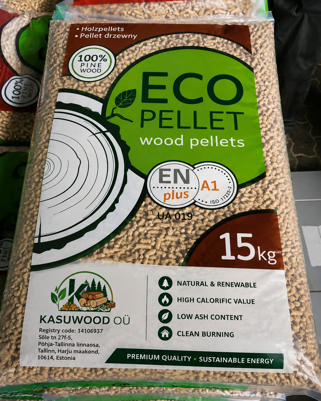 ENplus A1 100% pine wood pellets, 15kg bag, KASUWOOD OÜ wholesale supply