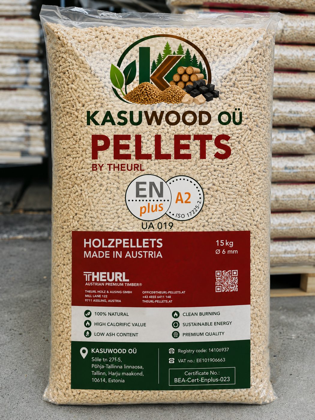 ENplus A2 wood pellets, KASUWOOD OÜ x Theurl, 15kg bags palletized