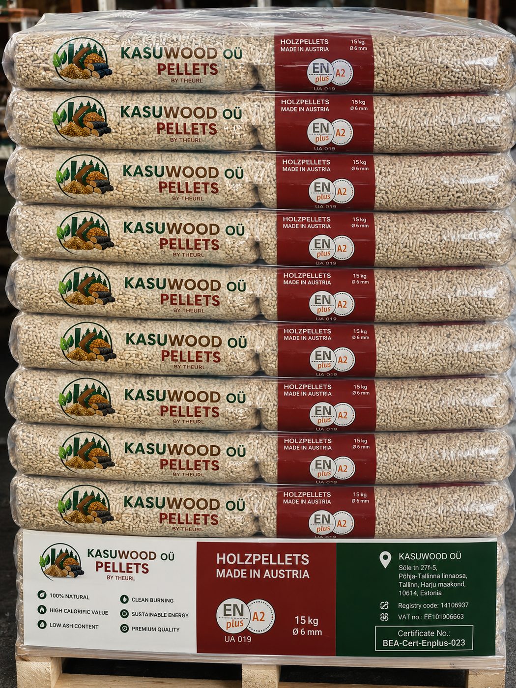 ENplus A2 wood pellets, KASUWOOD OÜ x Theurl, 15kg bags palletized
