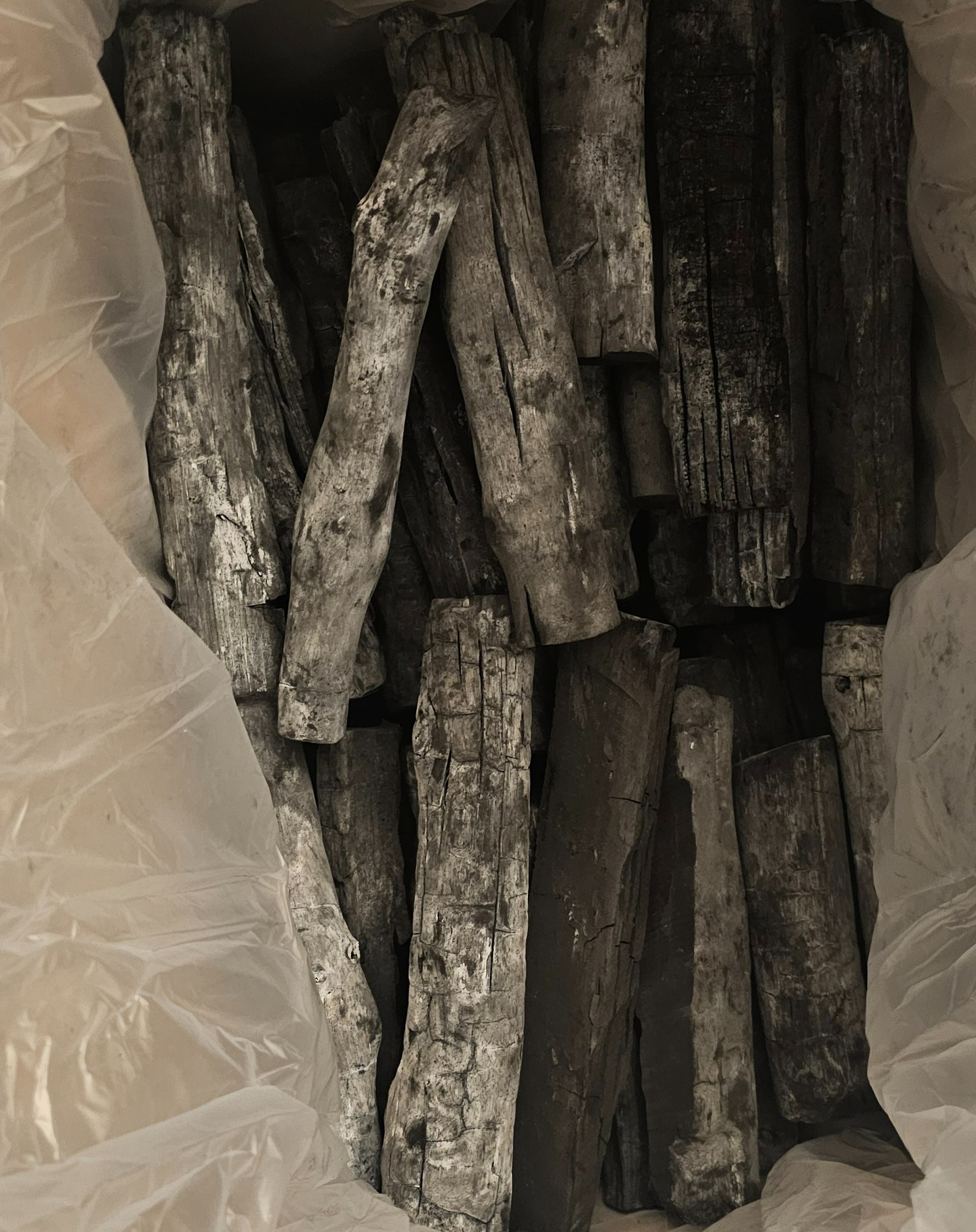 Rectangular fruitwood charcoal sticks stacked in a box