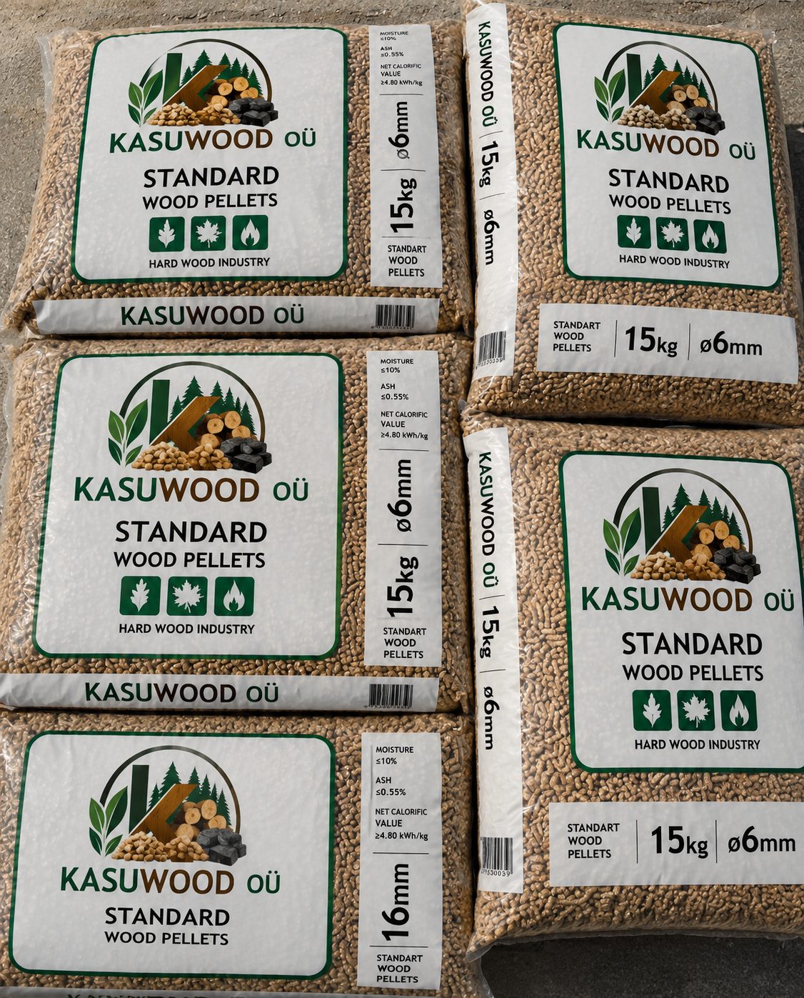 KASUWOOD OÜ standard wood pellets, hard wood industry grade, 15kg bags